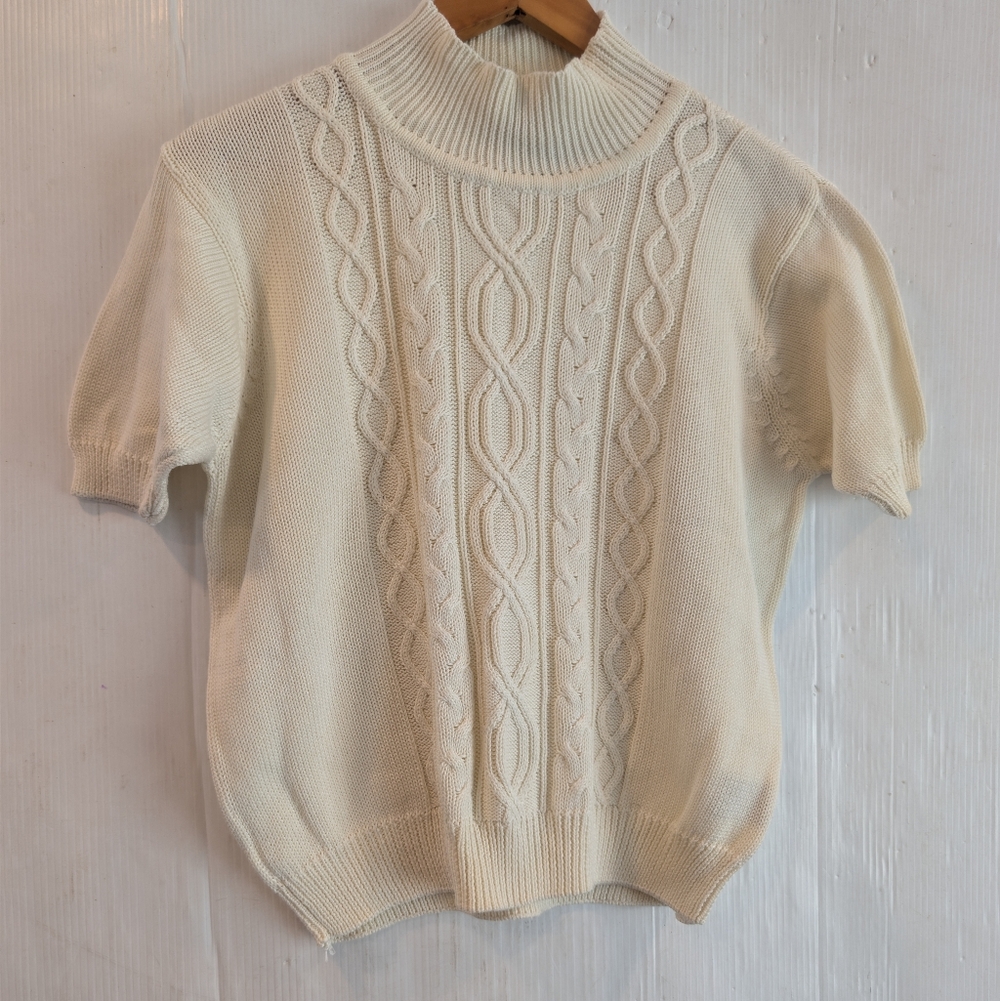 VINTAGE Hunt Club 100% Cotton Short Sleeve Cream Mockneck Sweater Size Large - Picture 2 of 7